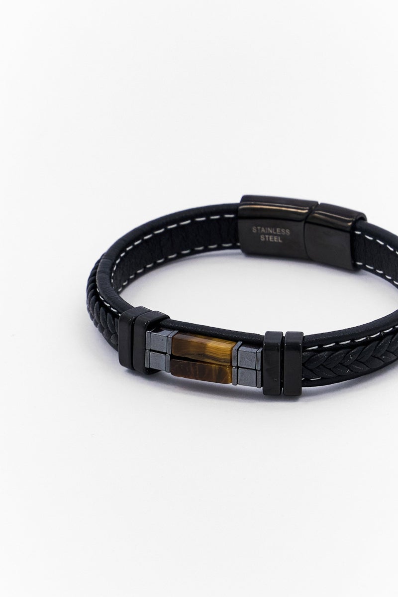 Steeltime Men Leather Thread Stainless Steel Hematite Id Bracelet, Black - Image 3